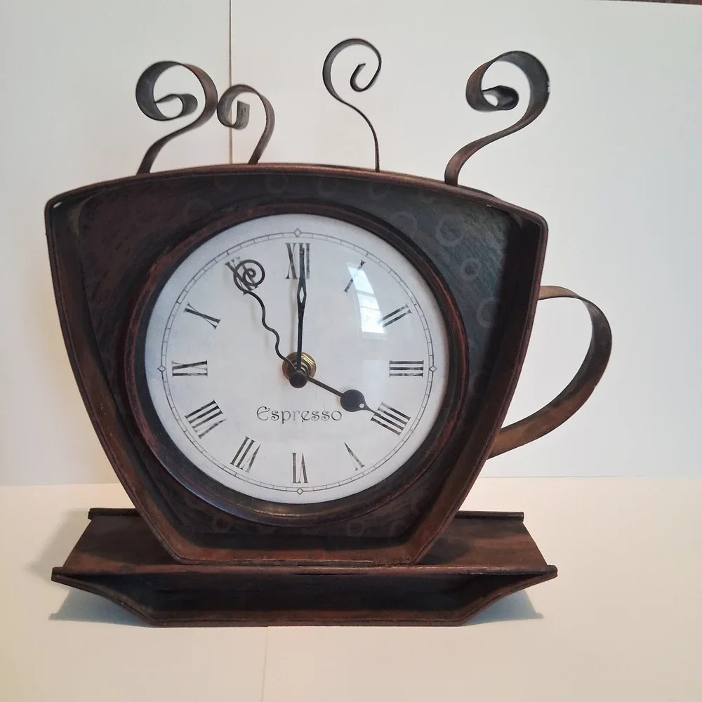 Bronze Metal Coffee Cup Wall Clock Home Decor Coffee Bar Kitchen Gift Tested EUC